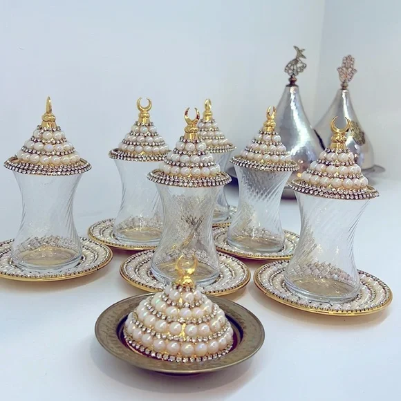 NEW HANDMADE TURKISH TEA SET WITH PEARLS - Picture 9 of 17